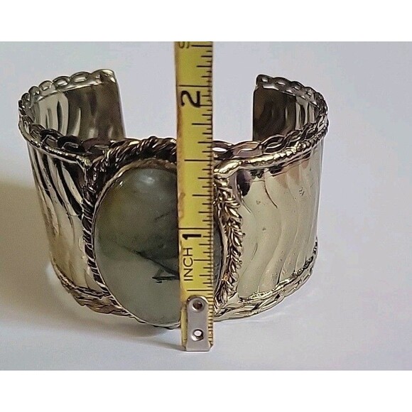 Natural Prehnite Statement Wide Cuff Bangle Bracelet Brass Tone - Picture 8 of 9